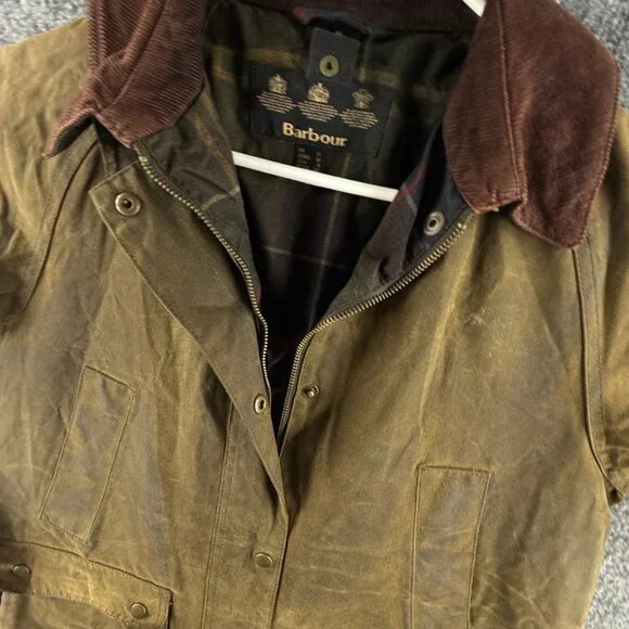 Barbour Acorn Waxed Jacket Women Full Zip Size 8 US Brown Green Lined Outdoors - Picture 4 of 16
